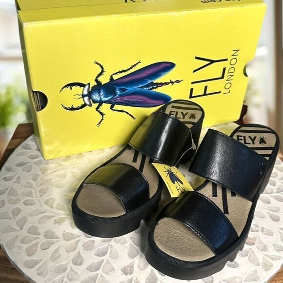 Fly London $190 BESY357FLY Moose Black Leather Slide Wedge Sandals Women’s EU 38 - Picture 15 of 16